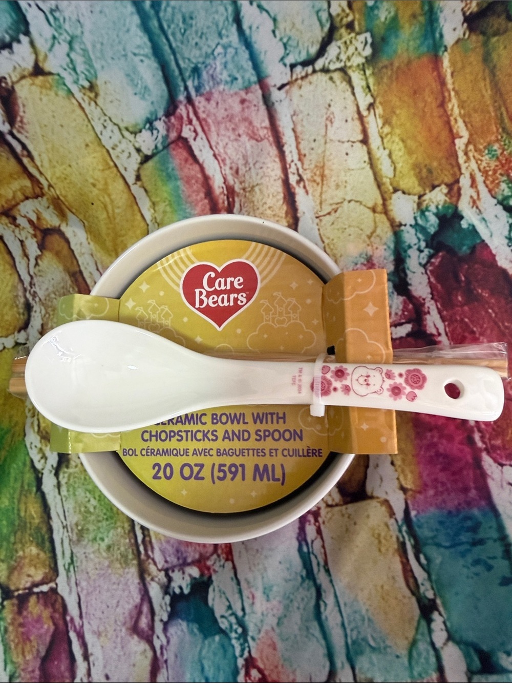 Care Bears White Ceramic Bowl Set with Pink Accent Spoon and Chopsticks